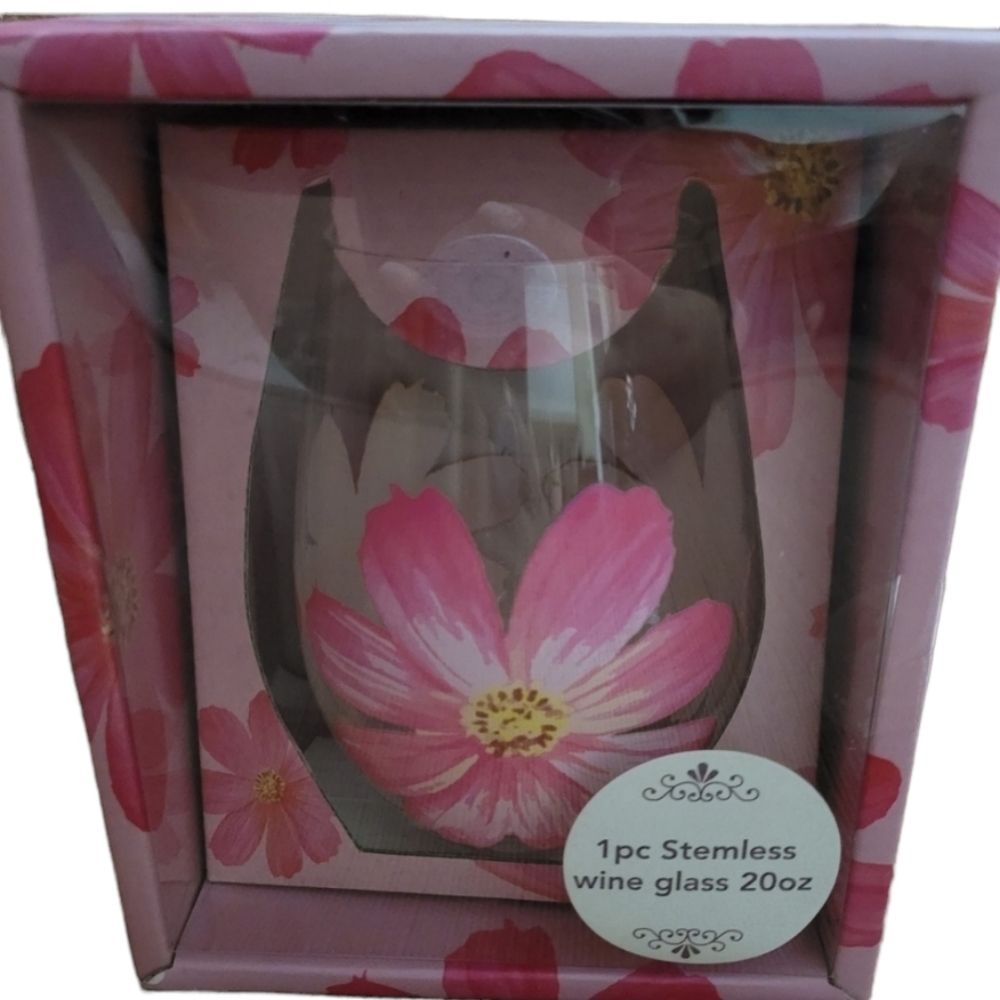 New Pink Floral Stemless Wine Glass  Single 20 oz